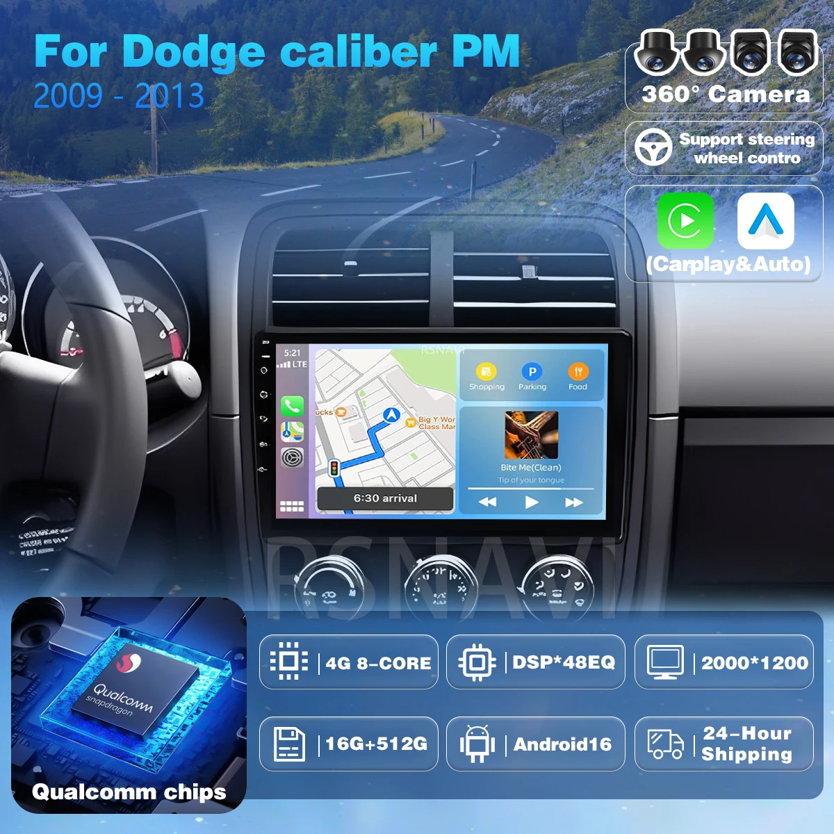 Android 16 Carplay Auto Qualcomm 2K QLED Screen Car Radio Player For Dodge Caliber PM 2009 - 2013 GPS Wifi BT Multimedia Stereo