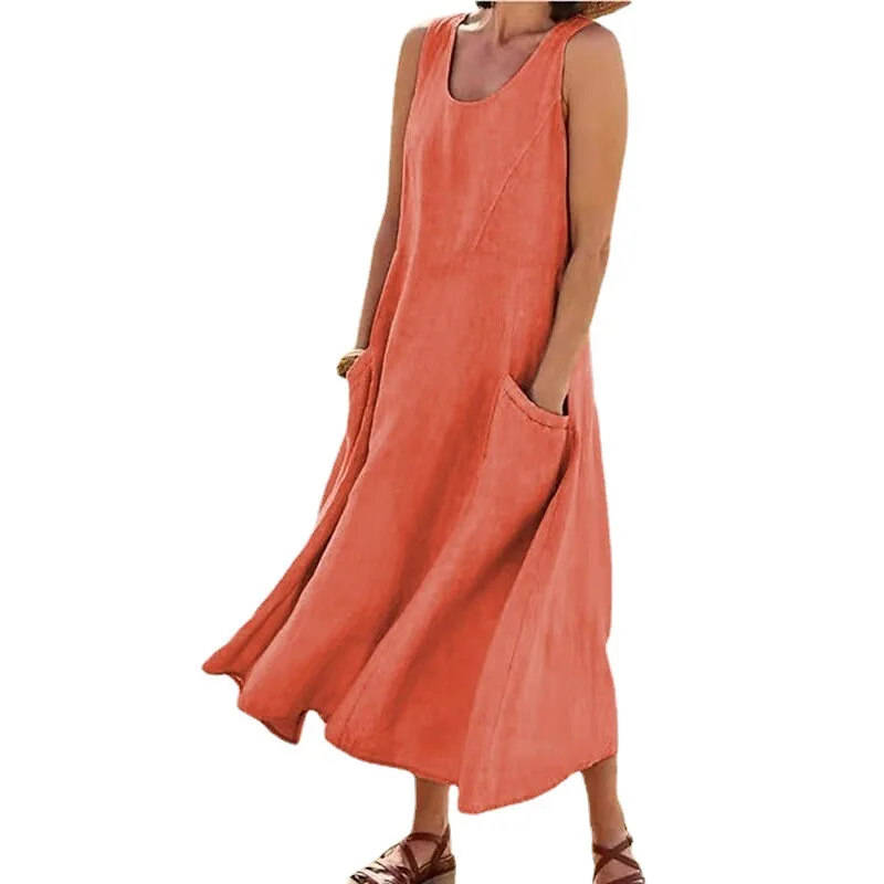 Vestido veraniego de lino y algodón para mujer, vestido largo sin mangas con dos bolsillos grandes, ropa de playa holgada de arena, S-5XL de gran tamaño LRFZ-818