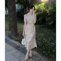 2022 summer cheongsam new Chinese style waist dress improved Qipao ethnic style youthful temperament Vintage elegant Dress 3XL