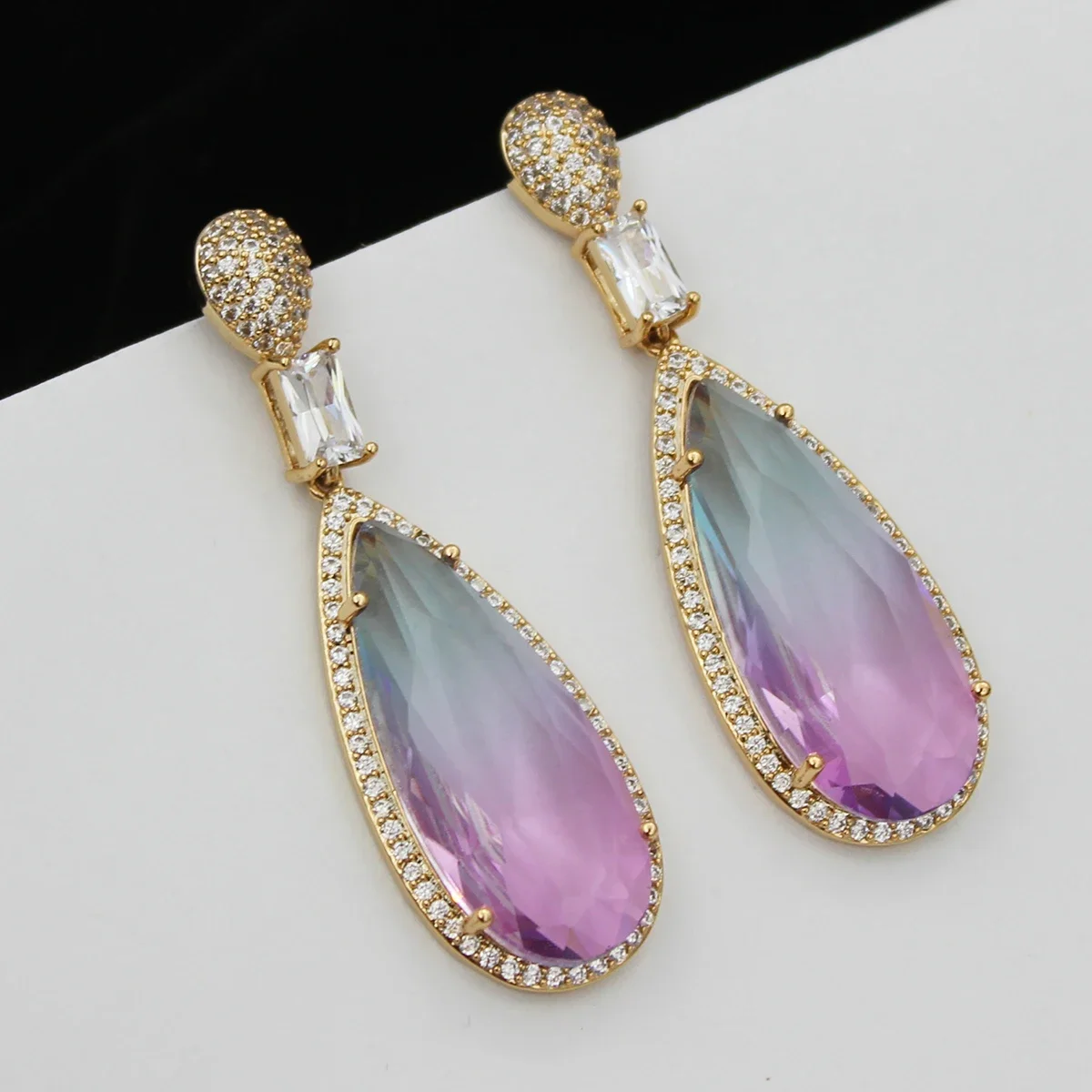 Cute Pink Purple Gradient Water Drop Earrings for Women Bling Bling Evening Party Jewelry Sister Gift