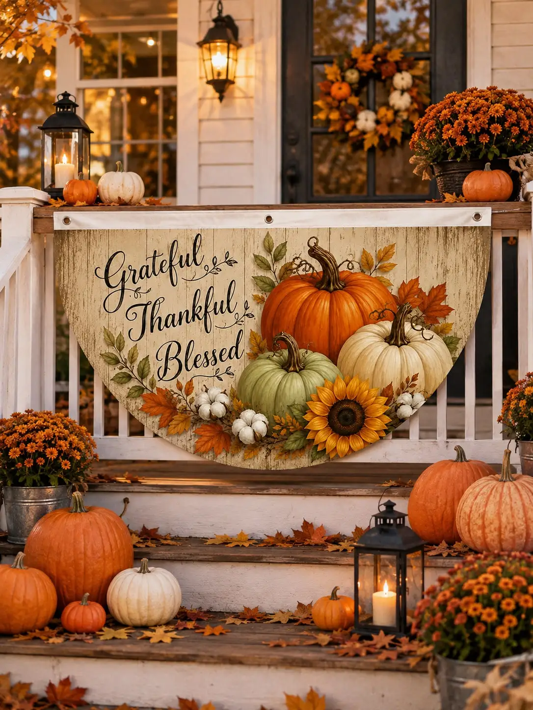 1pc Grateful Thankful Blessed Thanksgiving Porch Banner, Pumpkin Sunflower Maple Leaf Half Round Fall Harvest Banner For Front Porch Railing Fence Farmhouse Outdoor Decor