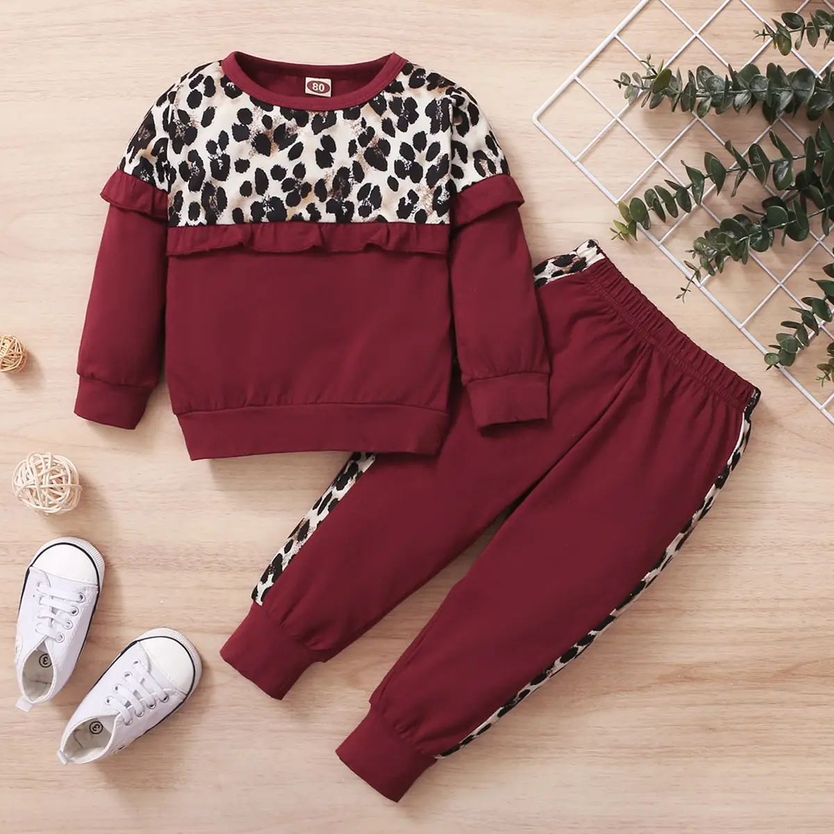 0-2-year-old newborn baby  spring and autumn wine red stitching leopard print round-necked long-sleeved trousers fashion suit