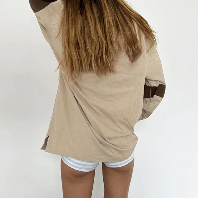 HEYounGIRL Casual Estilo Preppy O-pescoço Pulôveres Carta Impressão Contraste Manga Longa Solta Moletom Y2K Moda Outono Mulheres Top