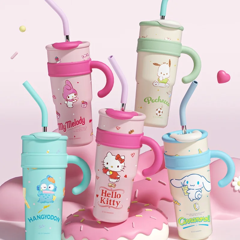 

Kawaii Hello Kitty High-capacity Vacuum Cup MINISO Anime Kuromi Cinnamoroll Big Mac Ice King Cup Anti Fall Measures Straw Cup