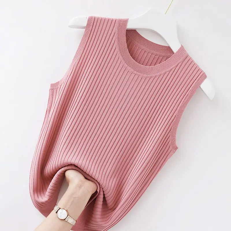 Fashion Women All-match Sleeveless Knit Tank Top Korean Summer New Female Clothing Thin Slim Short Solid Pullover Casual Vest