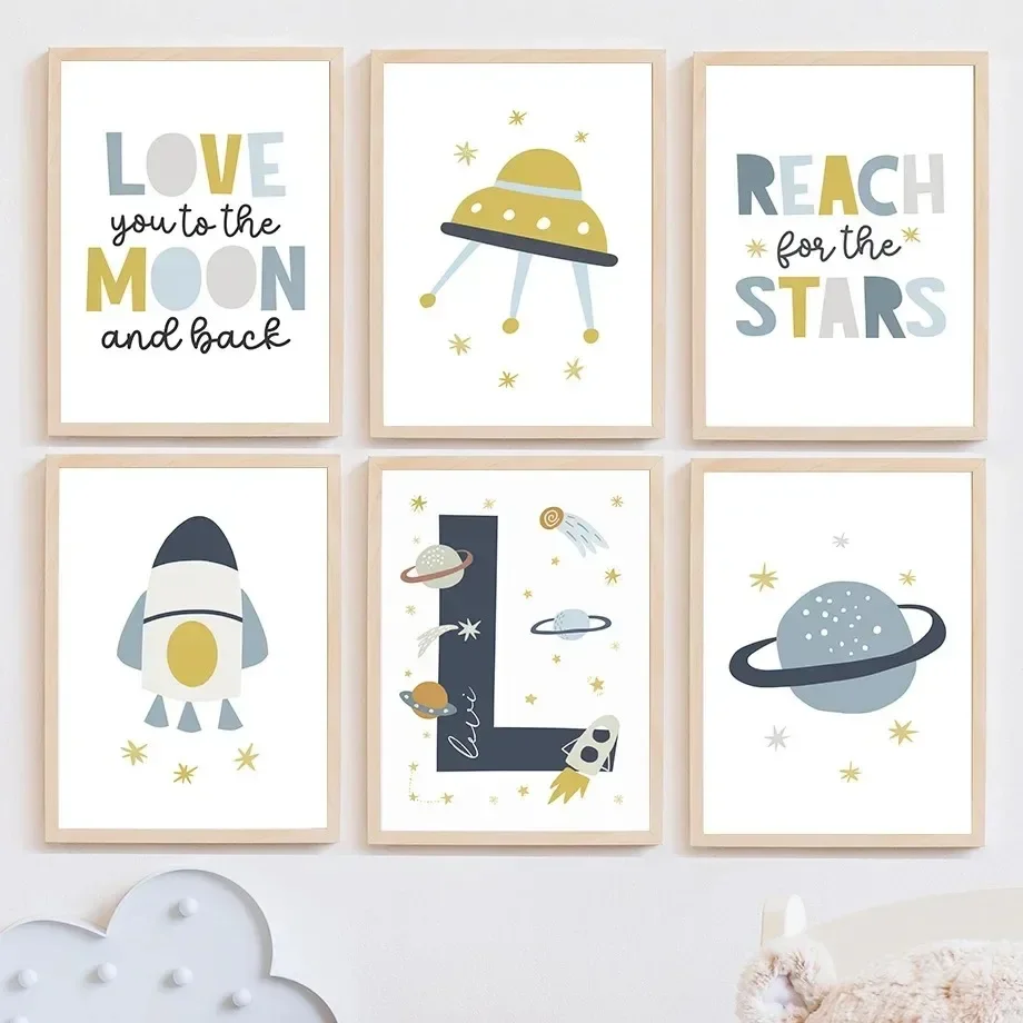 Rocket Earth Spaceship Space Letter Cartoon Painting Wall Ar
