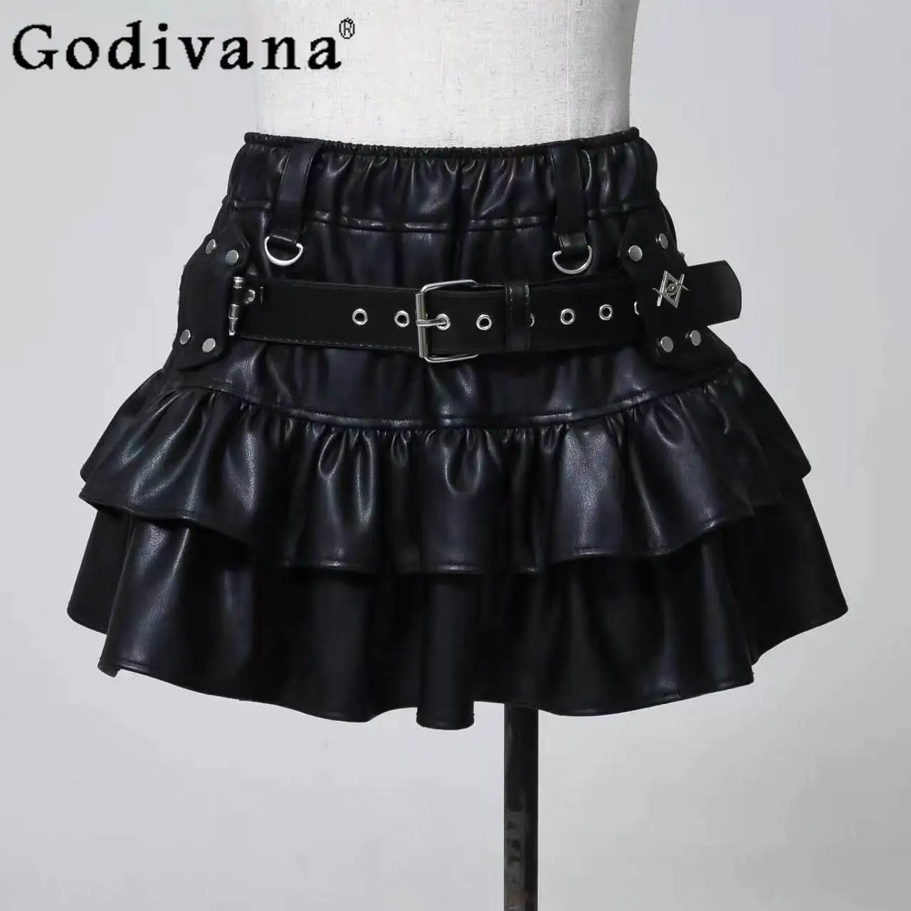 

Japanese Harajuku Subculture Black Leather Skirt Spring Summer New Student Sweet Cool Fashion Denim Skirt Punk Gothic Y2k Skirt