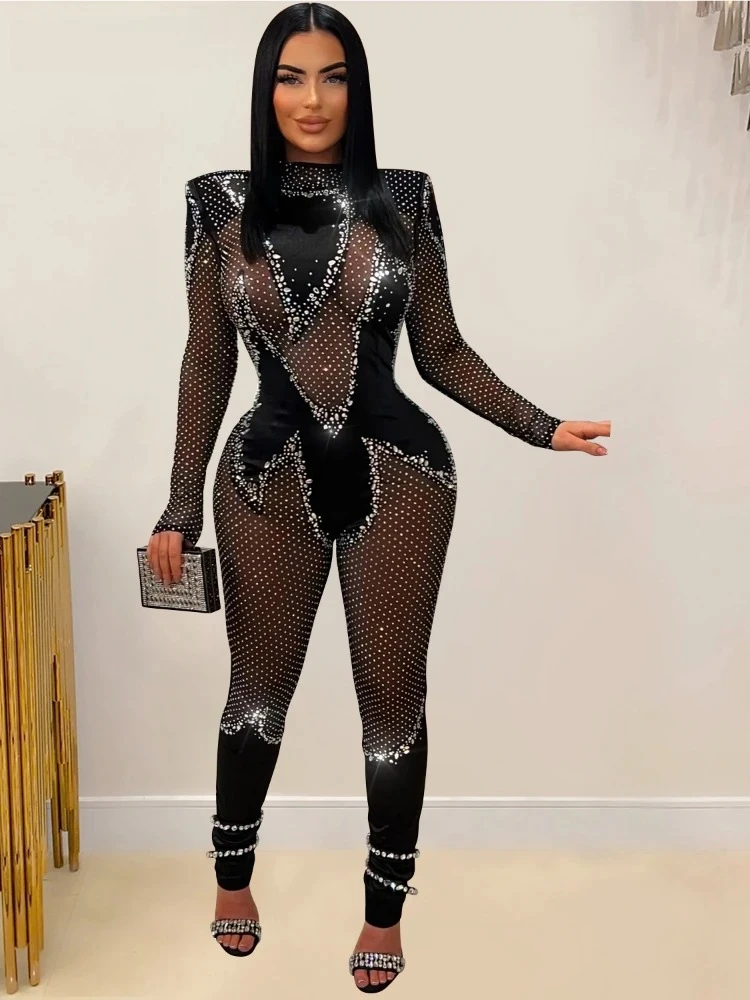

Женский модный сетчатый комбинезон 2025, прозрачные бриллианты, горячие стразы, сексуальный вечерний клубный комбинезон, цельный костюм, комбинезон, комбинезоны