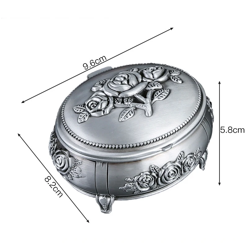 Classic Vintage Antique Tin Oval Jewelry Box Treasure Storage Organizer Chest with Rose Pattern Gift for Girls Women