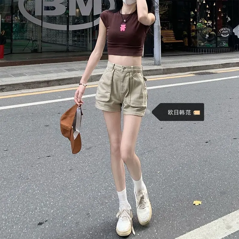 

Khaki Workwear Denim Shorts for Women Thin High Waist Large Pockets Sweet and Spicy Loose A-line Pants