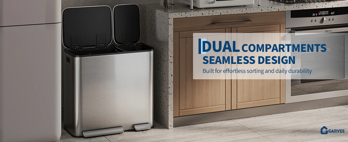 Dual Kitchen Trash Can 13.2 + 5.2 gal (50+20L) Stainless Steel Trash Cans with Soft Close Lid Large Double Garbage and Recycling Bin with 2 Removable Inner Buckets Step-on Metal Garbage Cans Silver