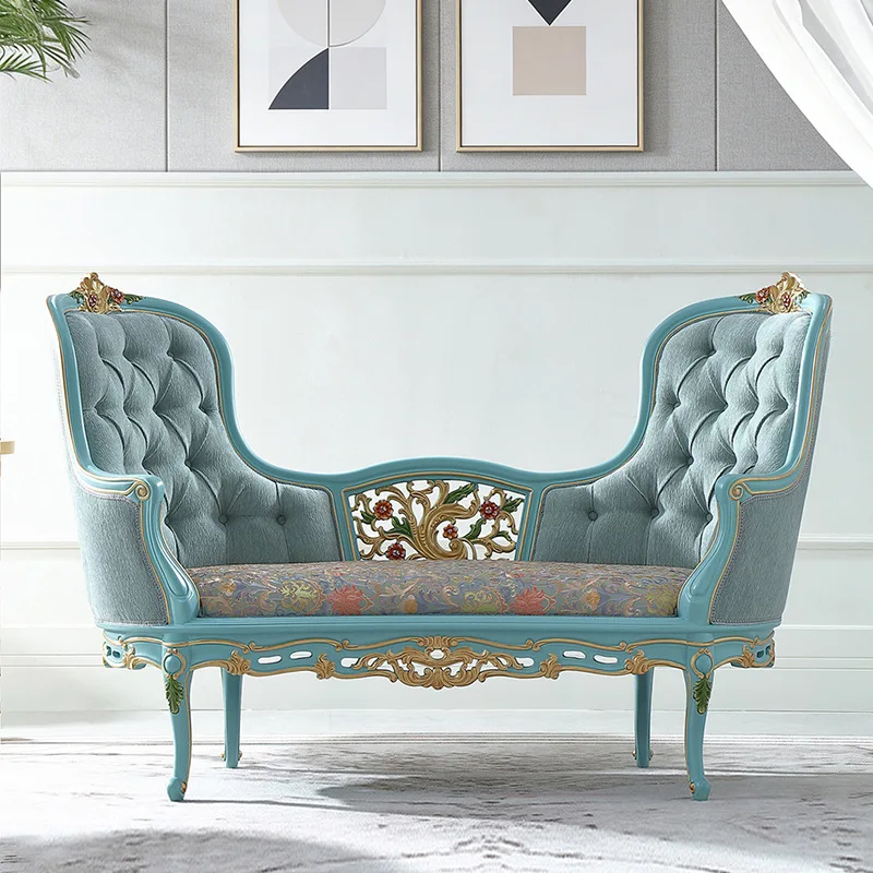 #French Style Retro Chaise Longue European Style Villa Furniture Bedroom Bed End Stool Fabric Casual Single Chair