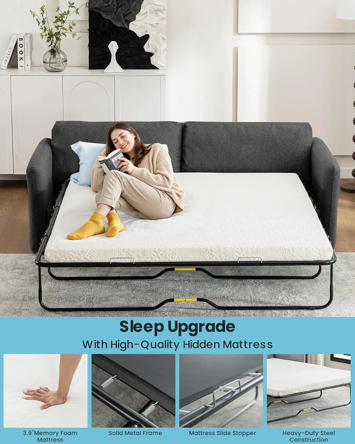 Queen Size Pull Out Sofa Bed, Convertible Sleeper Sofa Couch With Pullout Bed, 2 In 1 Sofa Bed Couch With Memory Foam Mattress