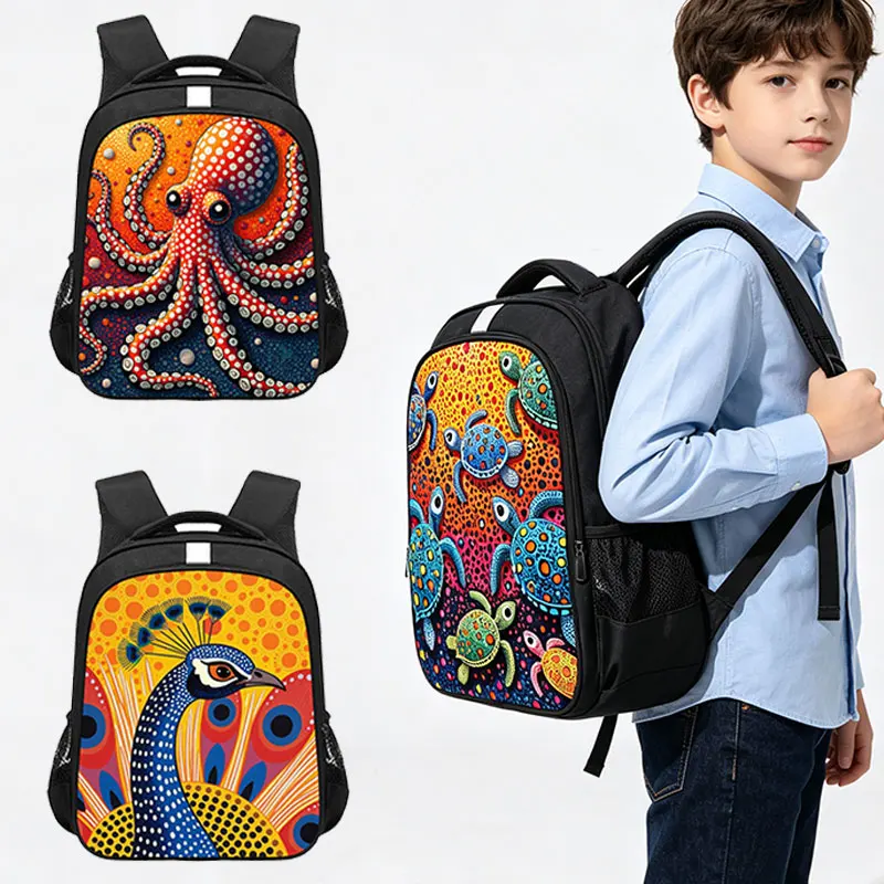 14/16 Inch Polka Dot Animal Print Backpack Leopard Peacock Turtle Children School Bags Teenager Bookbag Women Men Laptop Bags