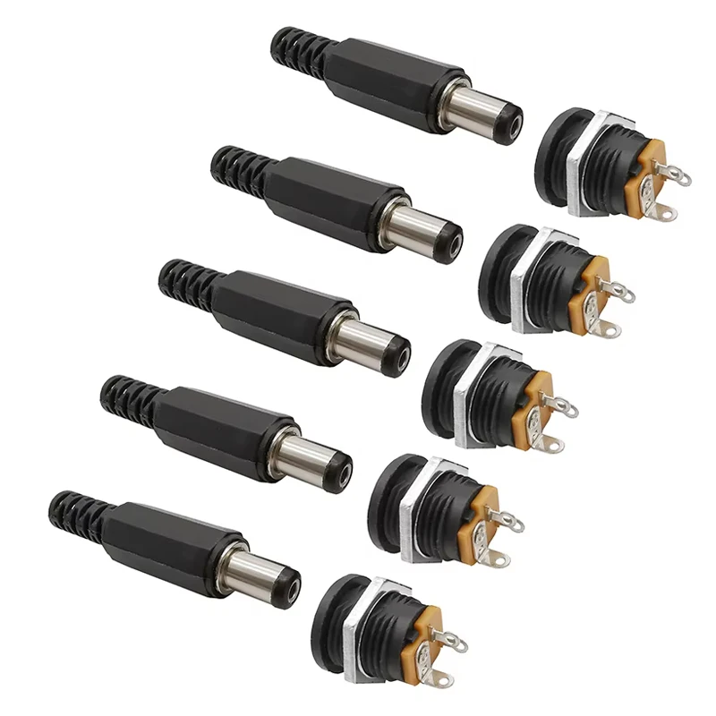 10Pcs (5Pair) 12V 3A 5.5x2.1mm DC Power Male Plugs Connector DC Power Socket Female Jack Screw Nut Panel Mount Adapter