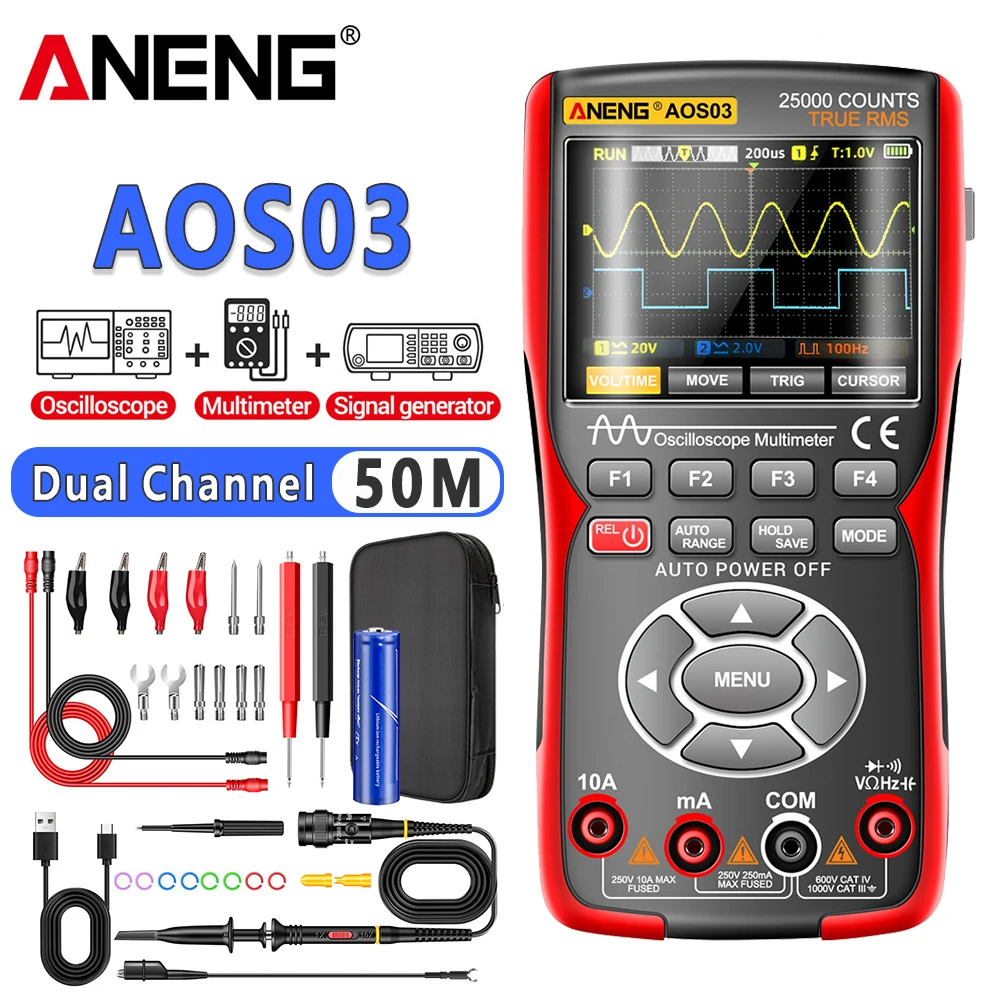 ANENG AOS03 Digital Oscilloscope Multimeter 280MS/s Sampling Rate 50MHZ Analog Transistor Test Bandwidth Support Waveform Tools