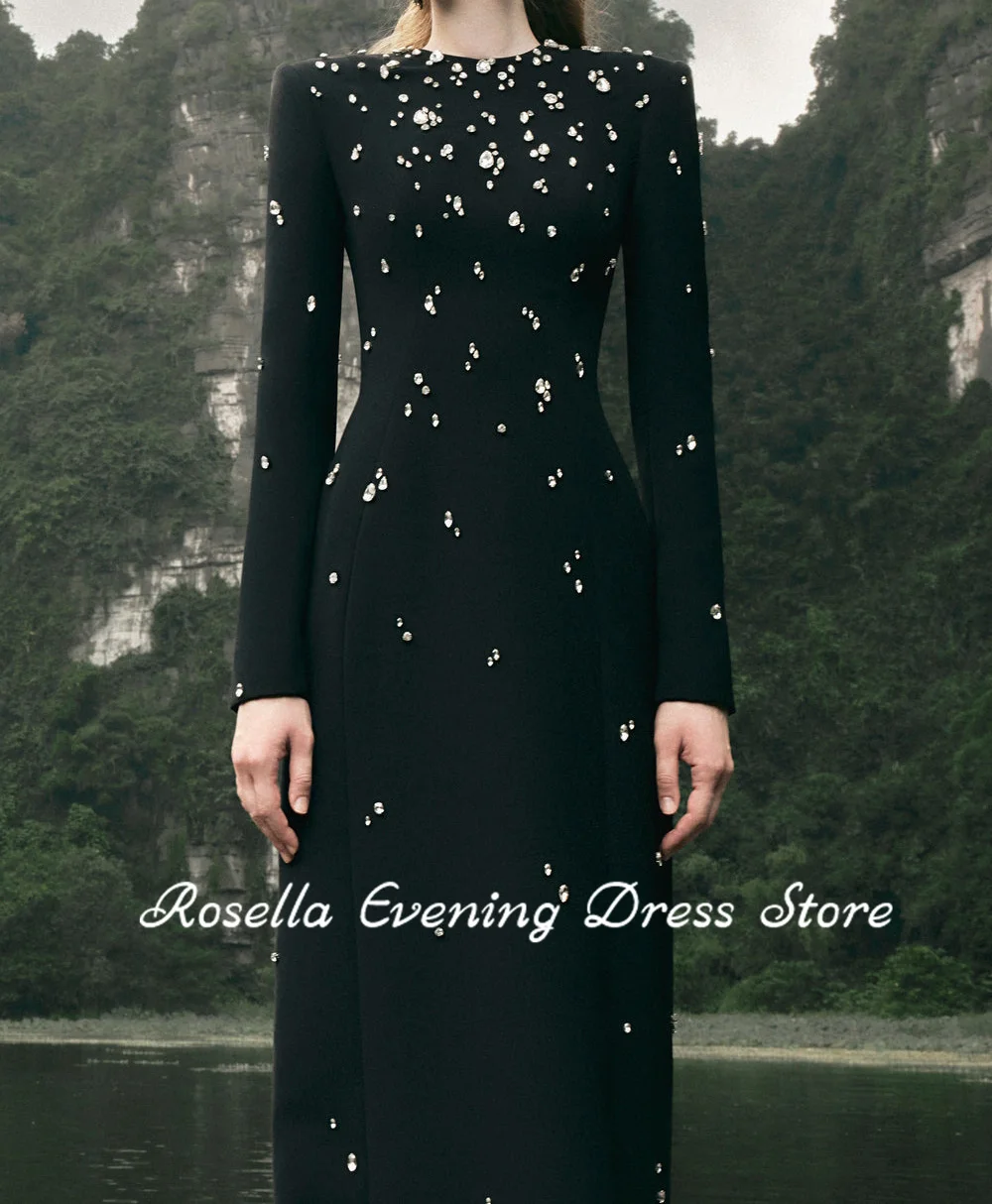 ROSELLA O Neck Crystal Evening Dresses Floor Length Straight with Long Sleeves Formal Occasions Dress Back Slit New 2024