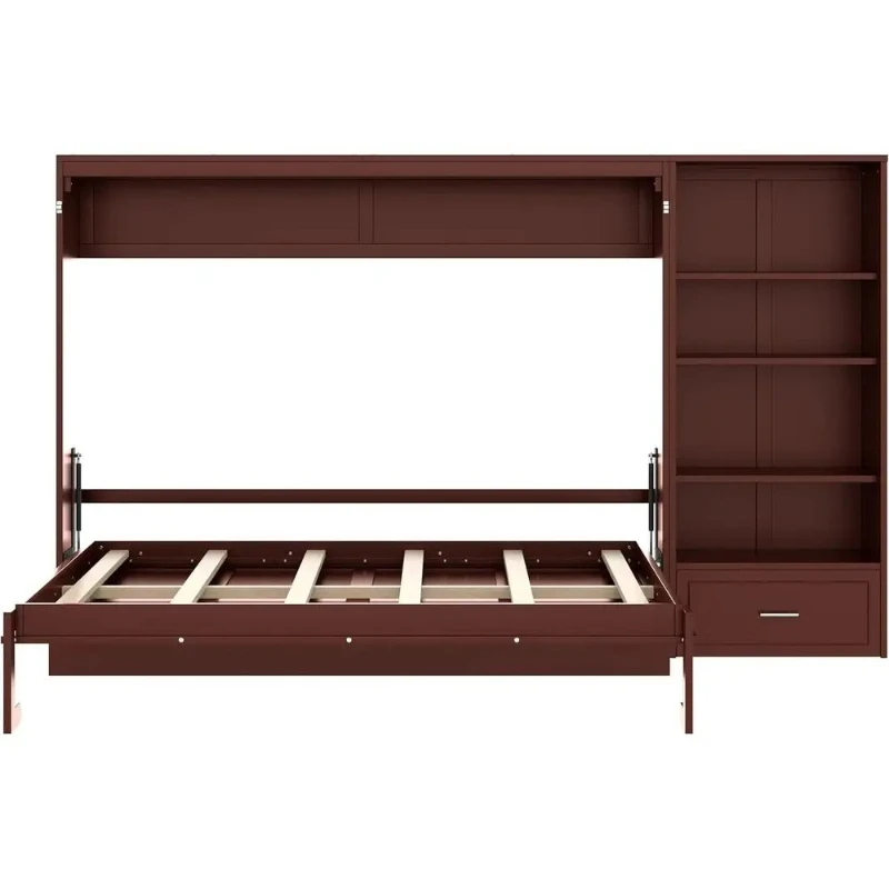 Walnut Queen-Size Bed with Desk, Storage, Shelves, and Movable Cabinet for Space-Efficient Living