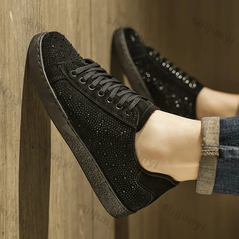 

Men's Casual Sneakers 2026 Spring New Round Toe Comfortable Platform Hard Wearing Flats Trendy Rhinestone Non Slip Sport Shoes