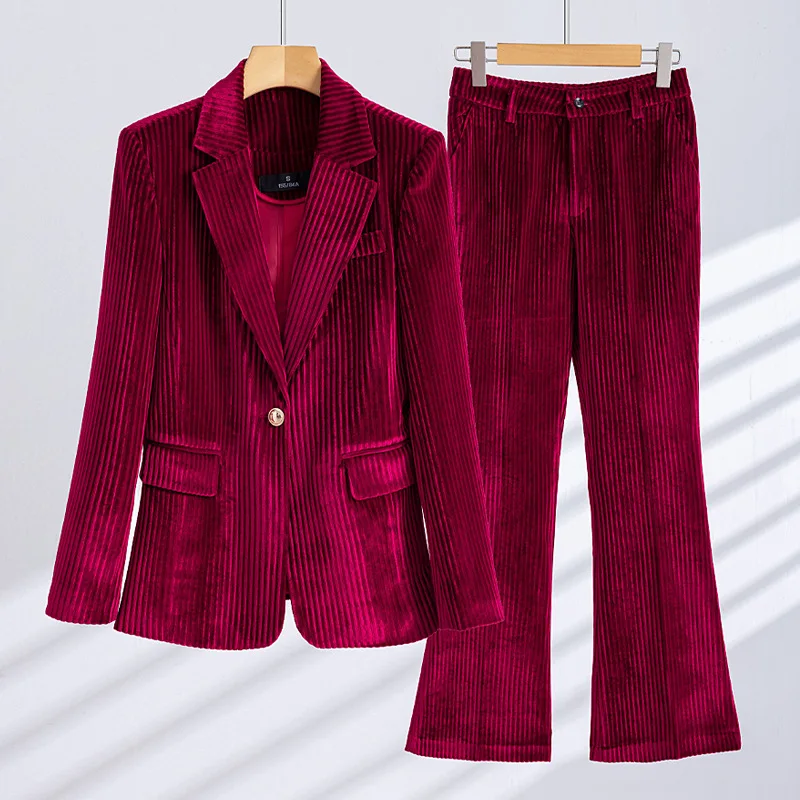 

Fashion Striped Velvet Ladies Pant Suit Autumn Winter Red Green Black Blue Work Wear Women Blazer And Trouser Formal 2 Piece Set