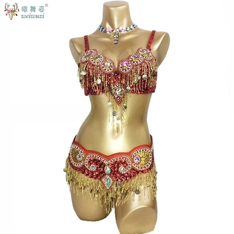Cintura per reggiseno per costume di danza del ventre orientale 2 pezzi Abbigliamento da ballo ricamato con perline fatte a mano per donne Abiti da ballo egiziani