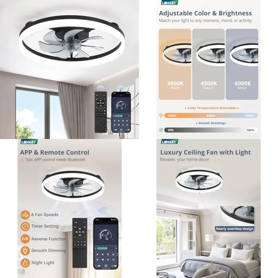 

Ceiling Fans with Lights, Low Profile Flush Mount Ceiling Fan, Dimmable LED, APP and Remote Control, Quiet Reversible DC Motor,