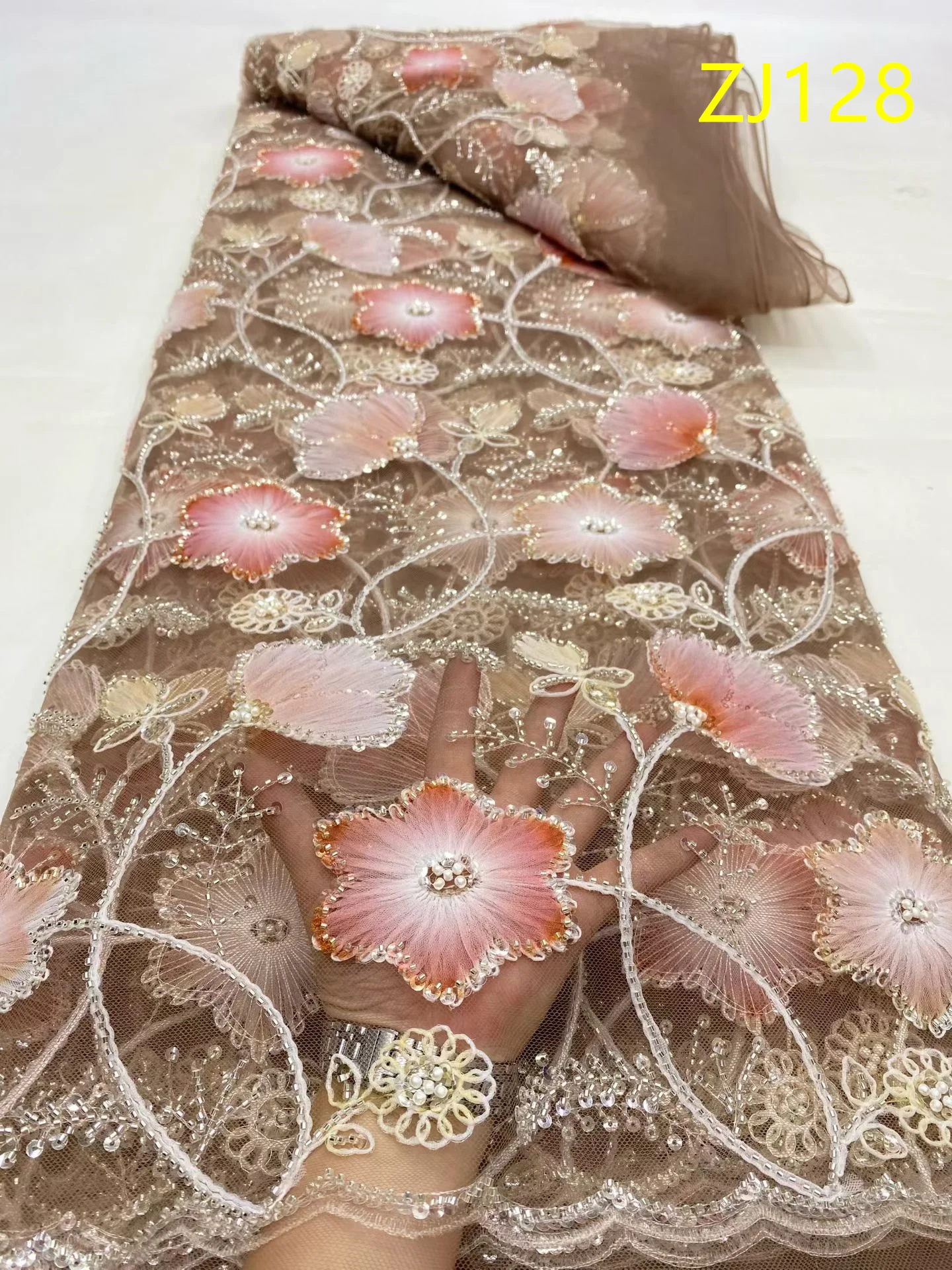 

2026 African Nigerian Latest High Quality With Tulle Sewing Lace Fabric Guipure Embroidery Dresses Sequins Beads 5Yards ZJ128