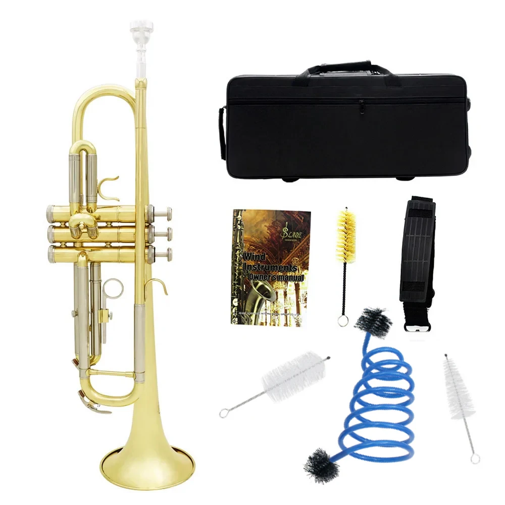 SLADE Bb B Flat Trumpet Brass Tube Golden With Silver Horn Exquisite Musical Instrument With Box Gloves Mouthpiece Strap Brush