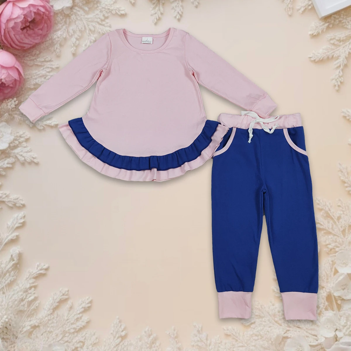 

Baby Girls Set Clothes Long Sleeve Pink Ruffle Shirts Tops Pockets Legging Pants Outfit Toddler Children Kids Clothing Wholesale