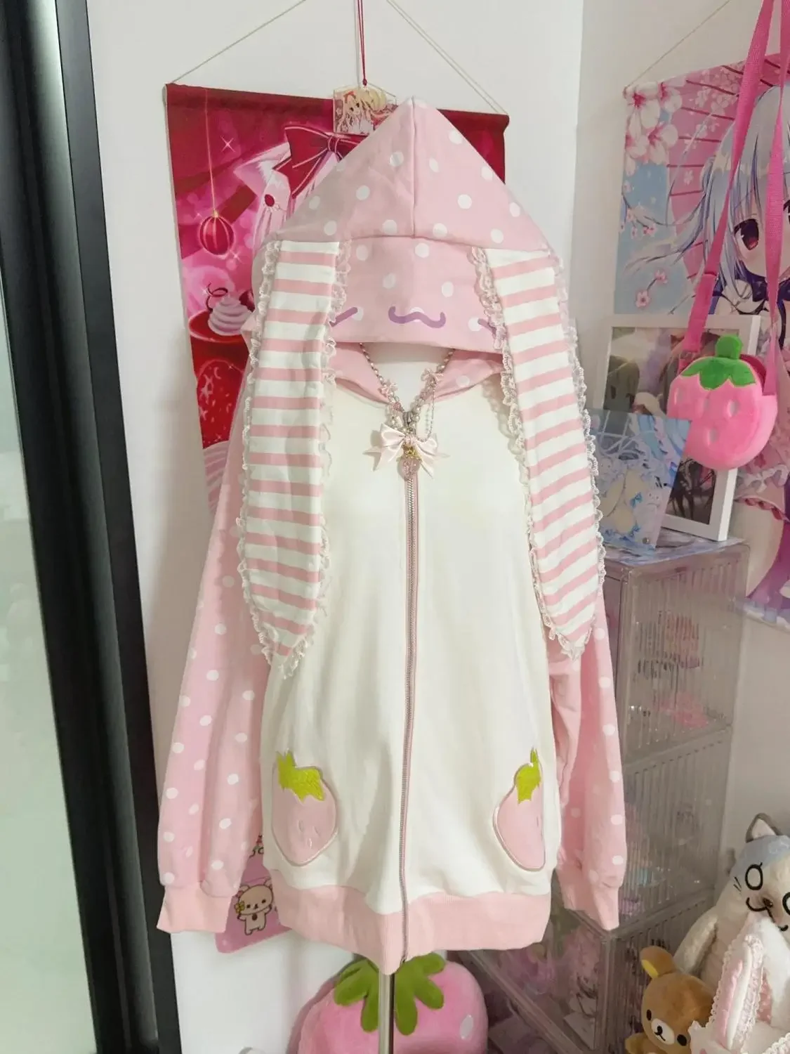 Japonský kabát pro ženy, sladký patchworkový zip, kawaii zip, krajka, puntíkovaná mikina s kapucí, nový volný kabát, podzimní módní kabát pro ženy - náhled 2