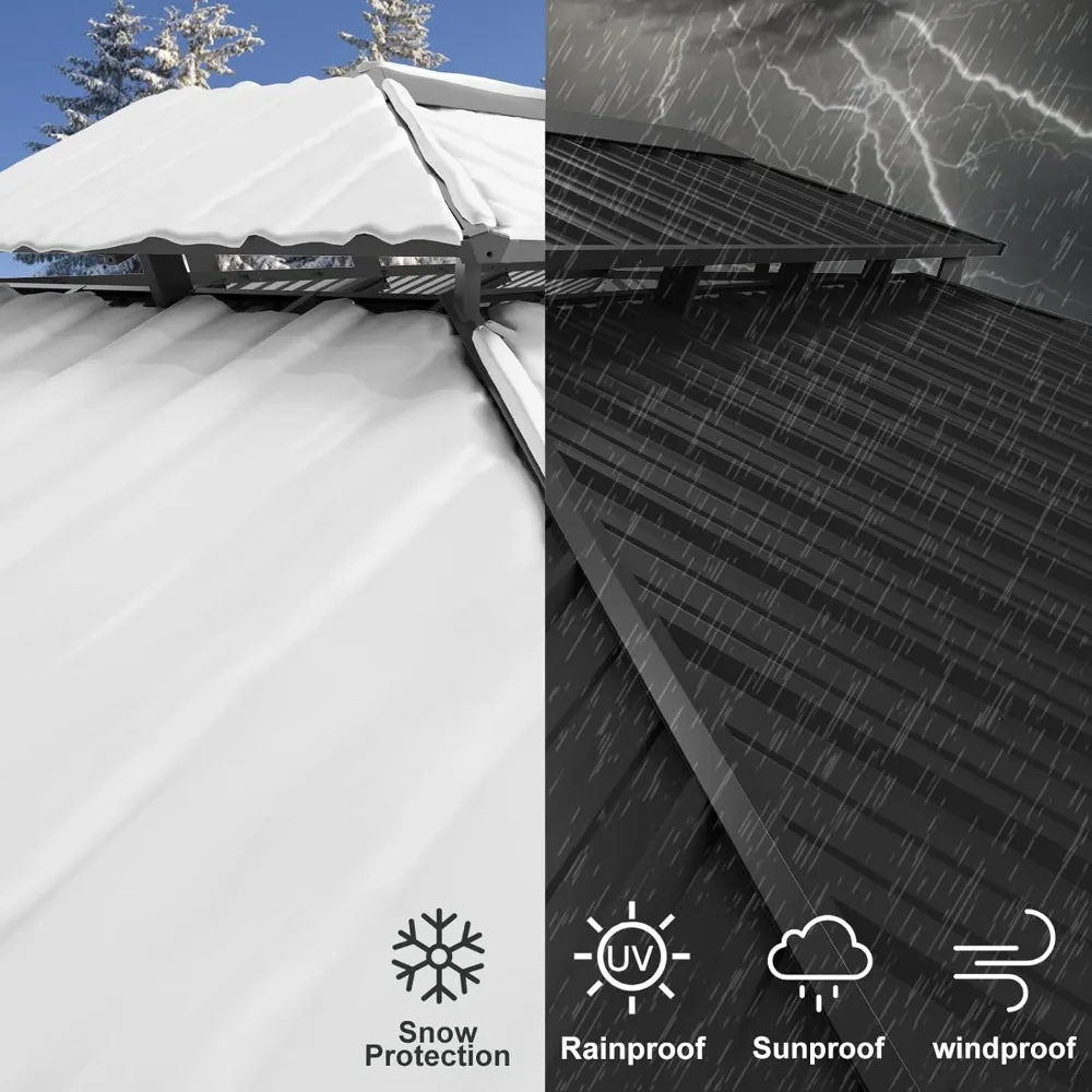 شرفة صلبة مقاس 12 × 12، إطار من الفولاذ المجلفن والألومنيوم مع مظلة سقف مزدوج #6