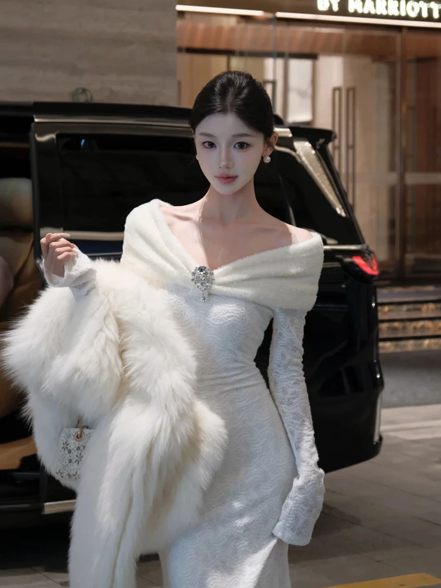 

Ele plus Size Lace One oulder Dr Women's Winter Slimming Evening Gown High Waist Polka Dot Polyester Fiber Long Sve