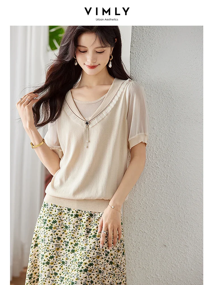 Vimly Thin Ice Silk Summer Sweater Knit Tops for Women 2023 Fashion V Neck Pullover Short Puff Sleeve Knitwear Womens Clothing