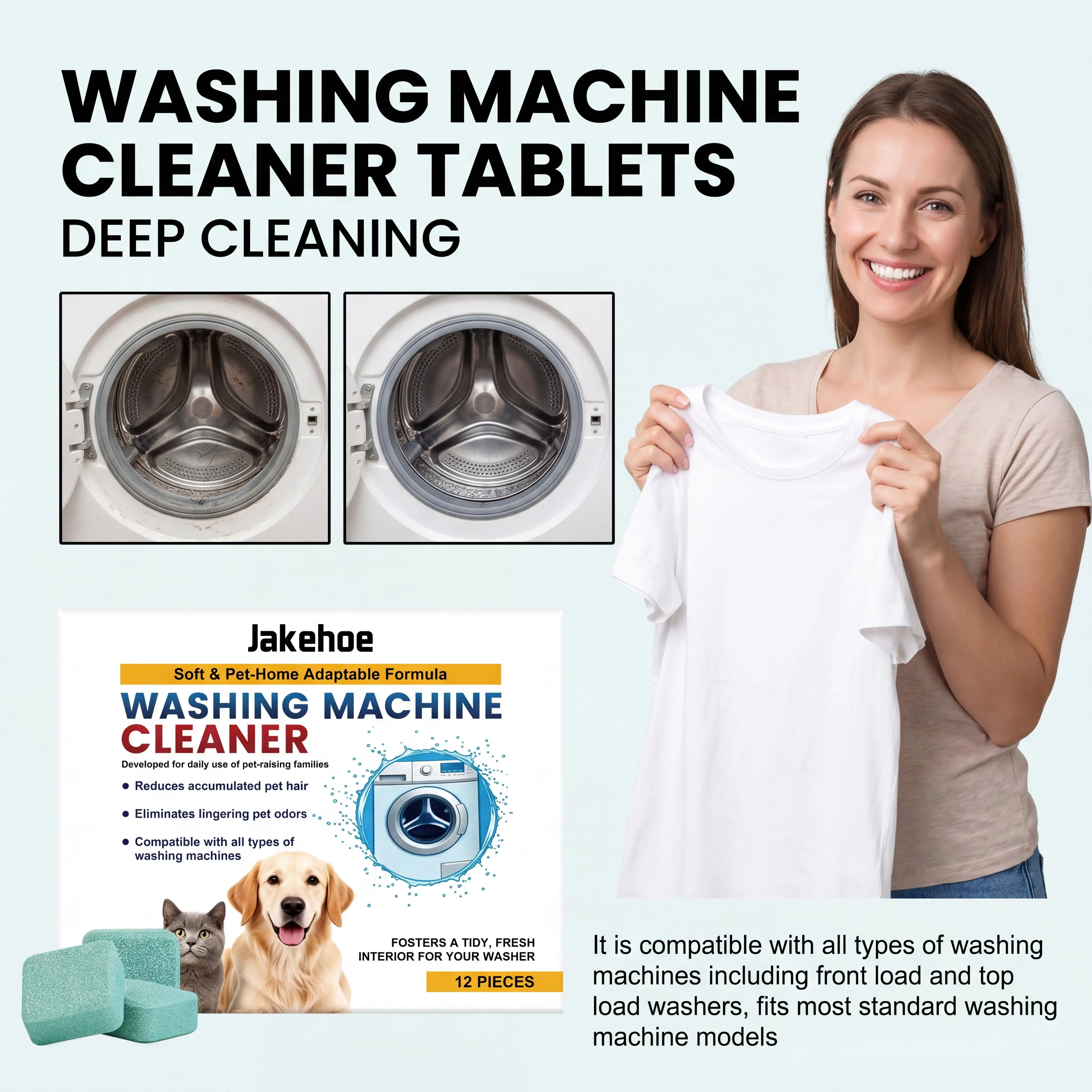 Pet Owners Washer Cleaning Tablets 12 Count Effervescent Formula Deep Cleansing Tank Remove Pet Hair Odor Remover Septic Safe