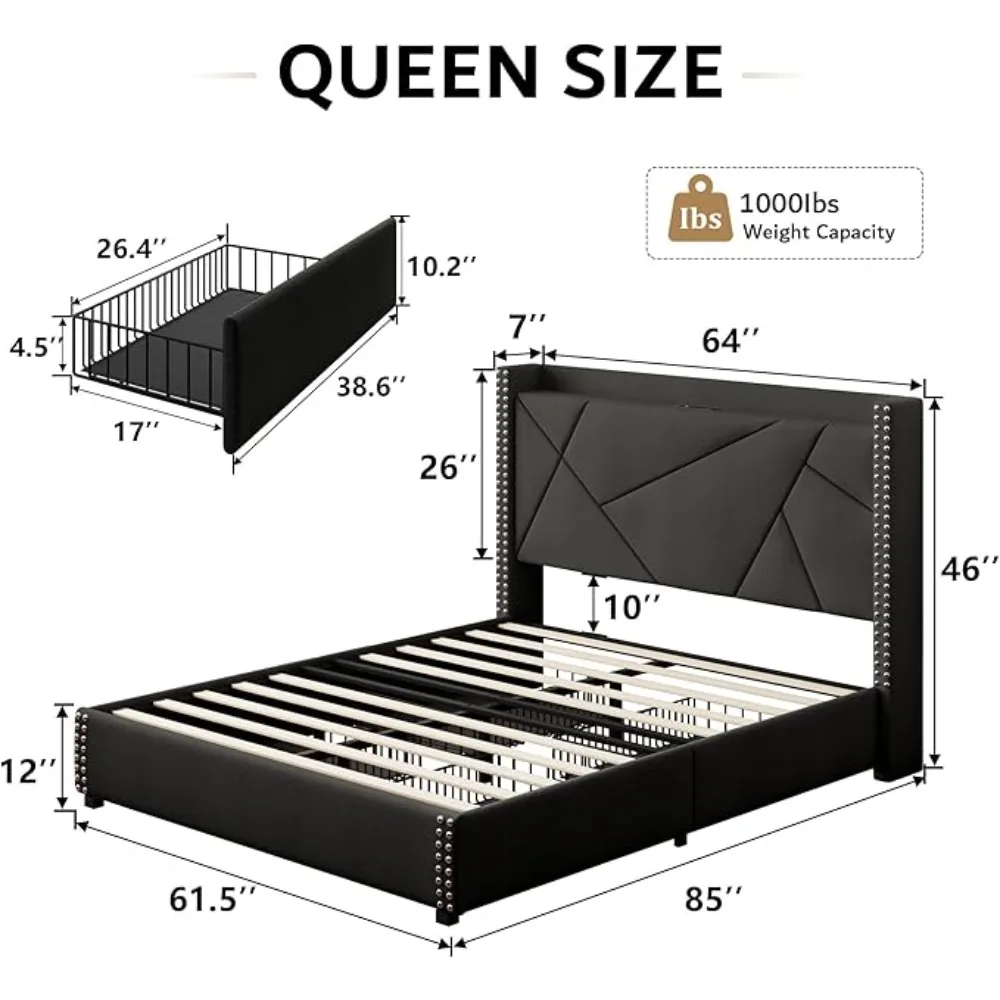 Storage Bed Frame with 4 Drawers, Upholstered Bed Frame with Minimalist Wingback Headboard and Charging Station, No Box