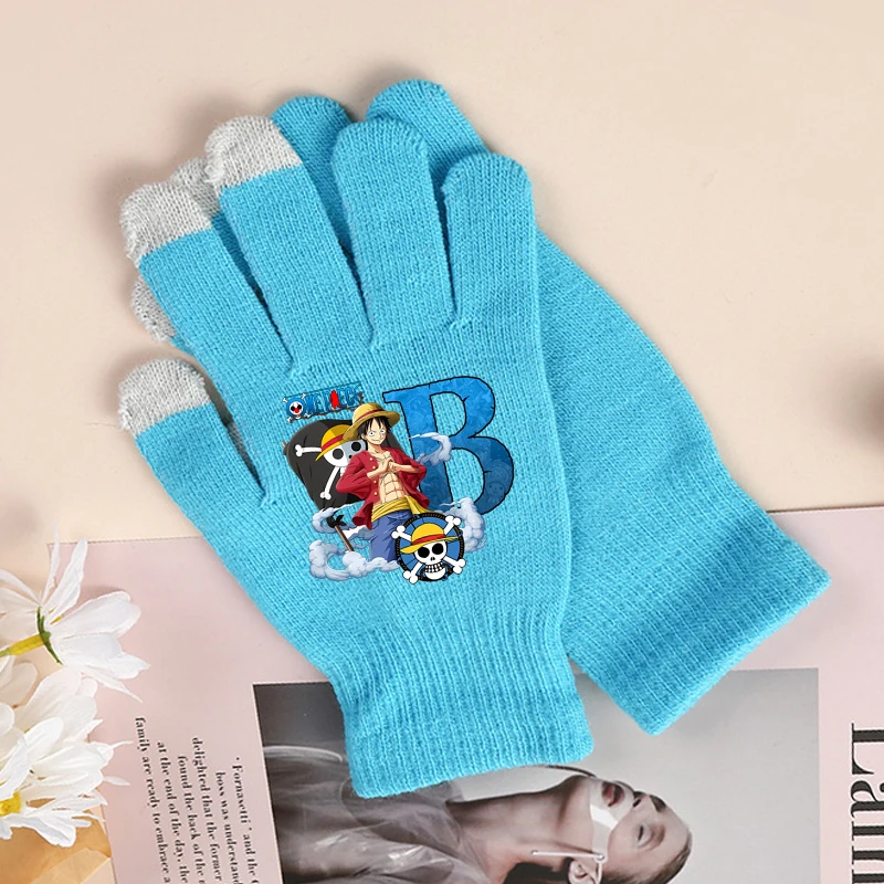 

Цельные варежки с надписью A-Z, детские перчатки с рисунком Луффи, зимние теплые вязаные детские перчатки, варежки для прорезывания зубов в стиле аниме для мальчиков и девочек