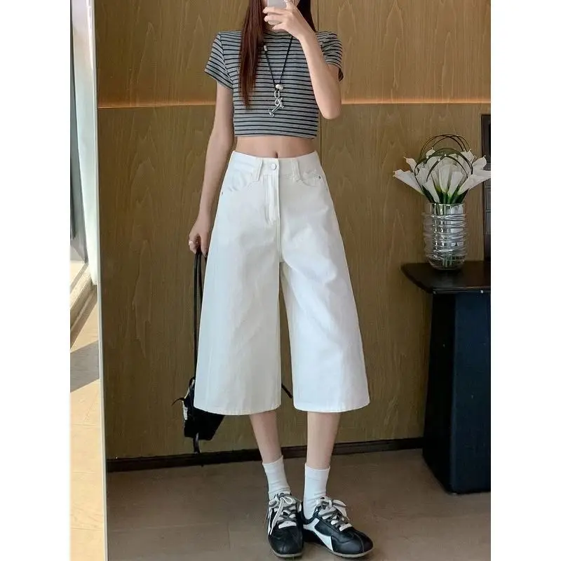 Summer Short White Jeans New American High Street Seven-point Jeans Women's Casual Thin Loose Wide-leg Denim Pants