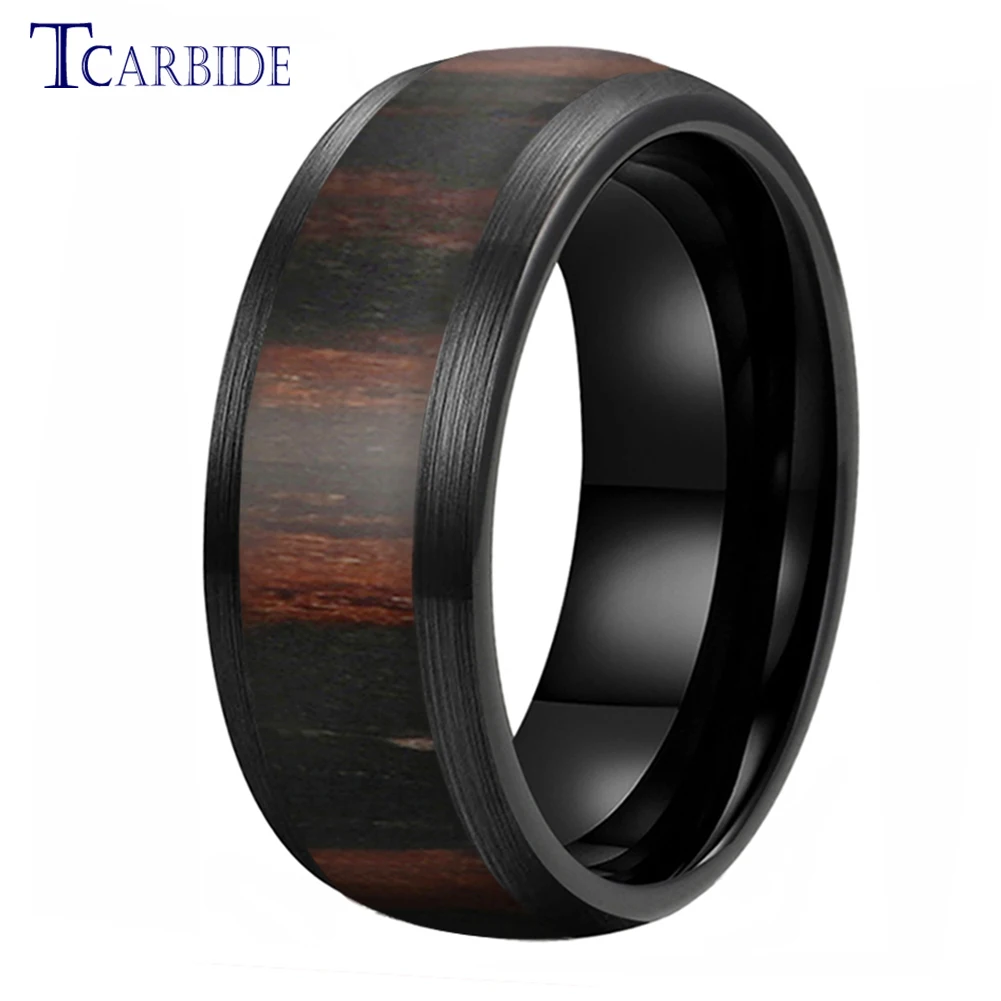 Black Tungsten Wedding Band Wood Ring For Men Women Domed Brush Finish 8MM Gift Jewelry Comfort Fit