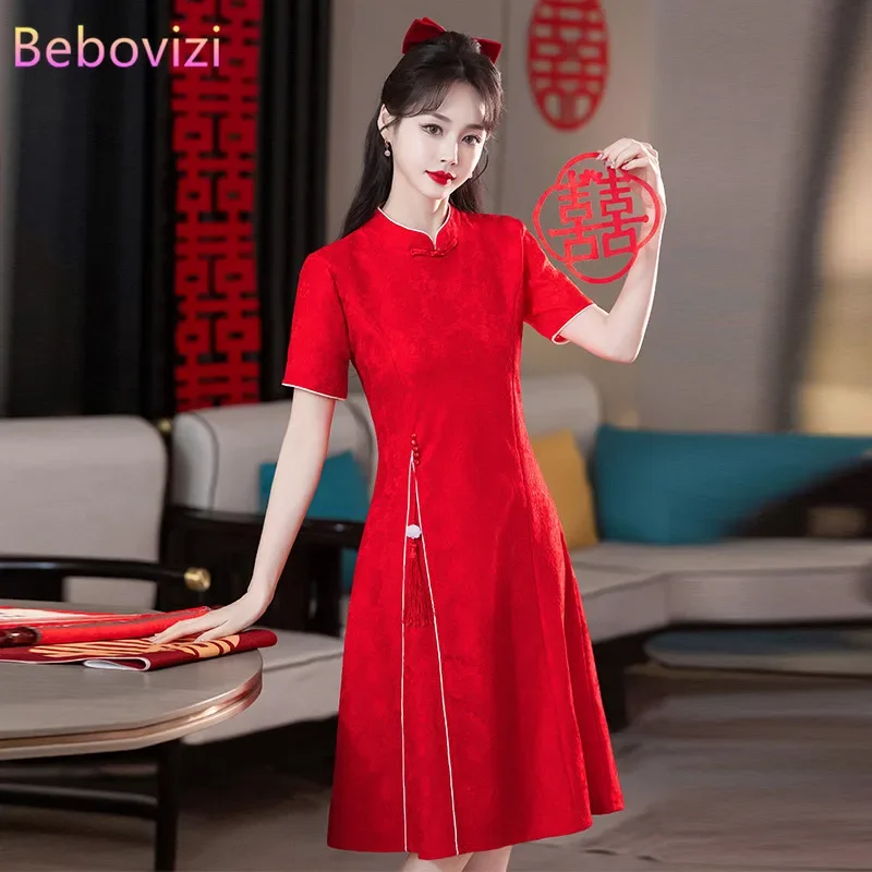 2024 New Red Cheongsam Chinese Qipao Dress Women's Clothing Modern Improved Short Sleeve  Plus Size