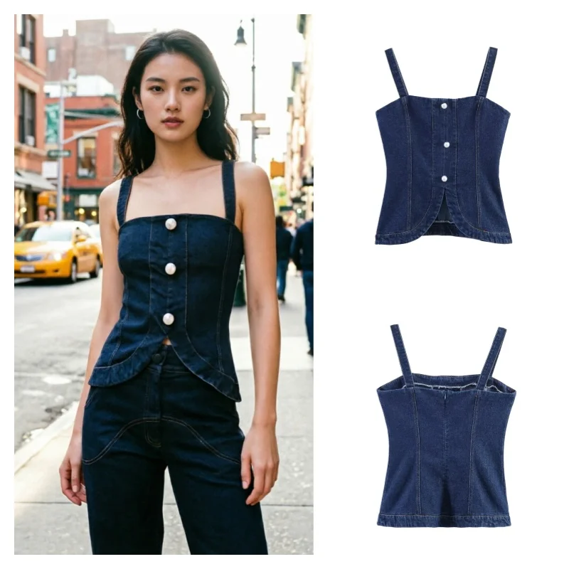 2026 Summer Women's Cropped Denim Vest Off-Shoulder Sleeveless Jean Top Elegant Slim Fit Work Wear Fashion Casual Shirt