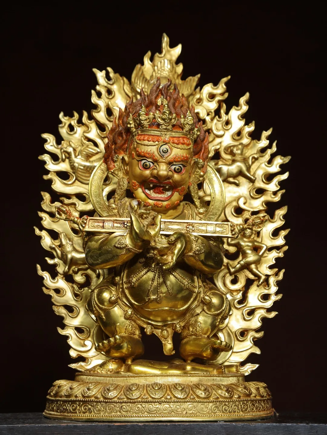 

18"Tibetan Temple Collection Old Bronze Gilded Painted Face Cinnabar Mahakala Buddha Backlight Black Jambhala Worship Hall