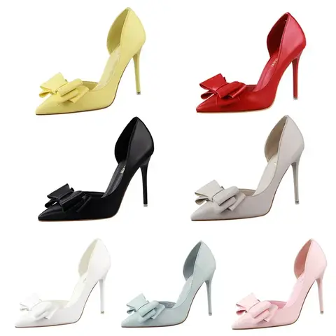 Women 7.5cm 10cm High Heels Kawaii Bowknot Cinderella Pumps Lady Fashion Fetish Blue Pink Yellow Sweet Party Prom Slip On Shoes