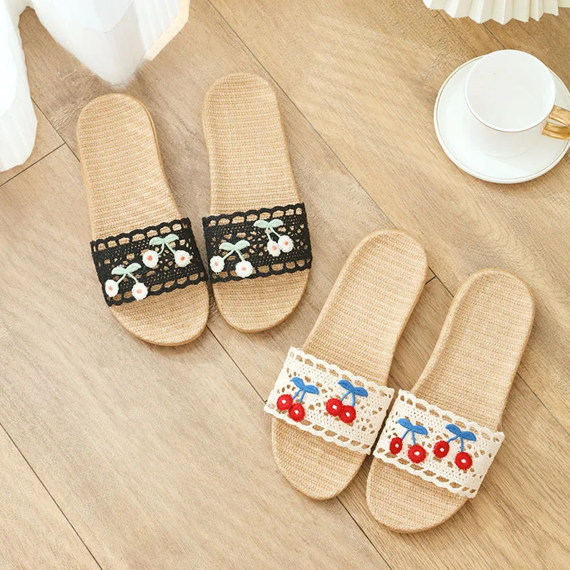 Summer Indoor Women's Linen Slippers American Casual Fashion Rural Style Cherry Embroidery Crochet Wooden Floor Flat Sandals