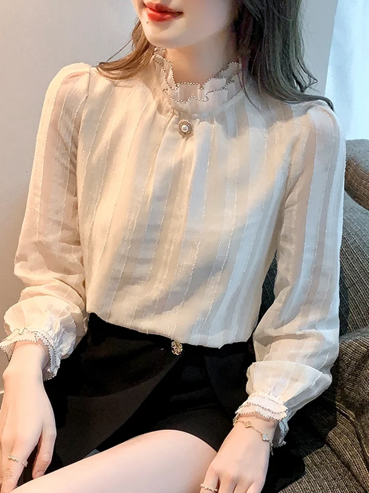 Long Sleeve Blouse Women Blusas Mujer De Moda 2024 Apricot Chiffon Blouse Shirt Tops Women Blouses Camisas Blusa Feminina F515