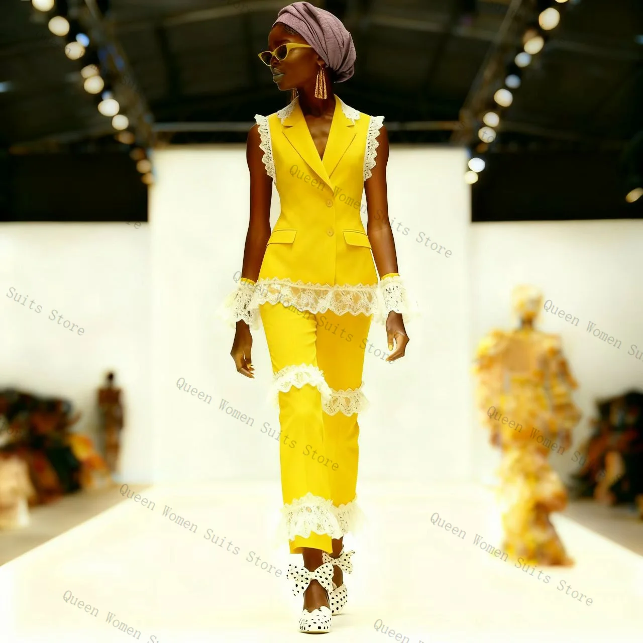 

Yellow White Lace Women Suit Pants Set 2 Pcs Vest+Trousers Cotton Formal Office Lady Jacket Sleeveless Wedding Coat Customized