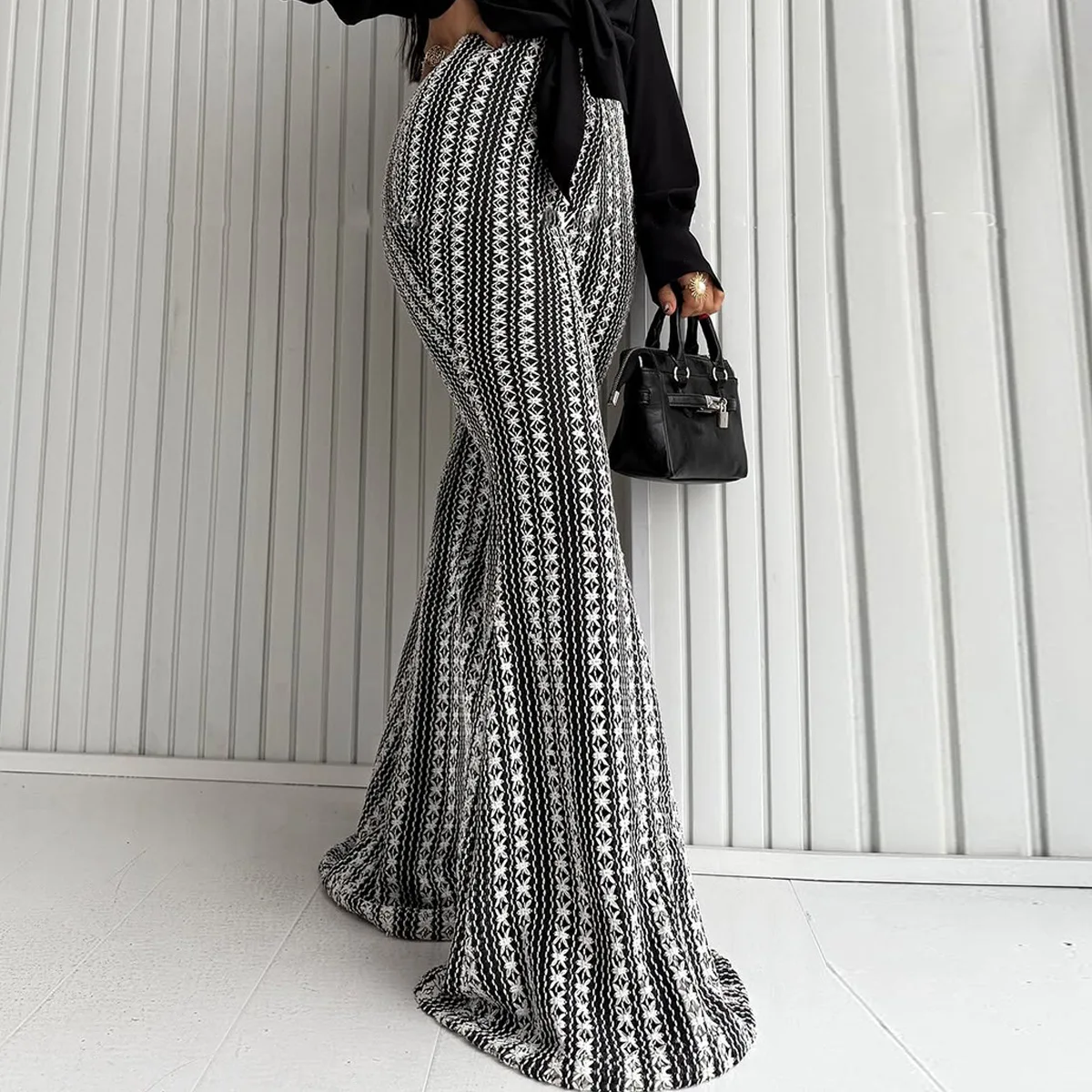 Women's Black & White Striped Flared Pants Spring Summer High Waist Wide Leg Maxi Trousers Retro Elegant Outfit Dating & Events