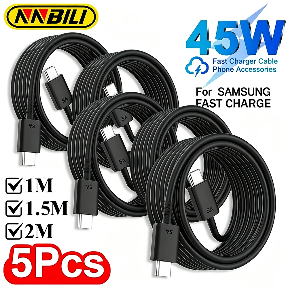 NNBILI 5Pcs PD 45W USB Type C to USB C Fast Charge Cable for Samsung S22 S23 S24 S25 Plus Note Ultra A53 A54 Charging Data Cable