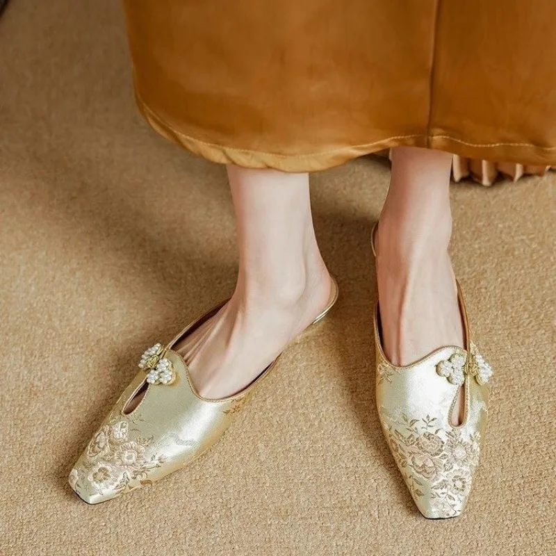 Женские летние Сатиновые жаккардовые сандалии Baotou на танкетке с мягкой подошвой