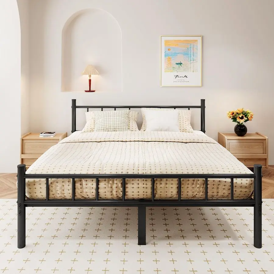 

King Size Metal Bed Frame with Headboard amp Footboard 14 Inch Metal Platform Mattress Foundation Support with Steel Slat, Unde