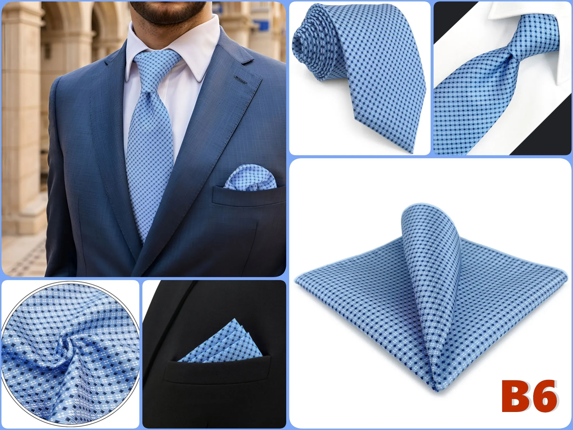 Mens Tie Pocket Square Set Blue Green Classic Business Acceossories Necktie Handkerchief 147cm Paisley Stripes Dots Elegant